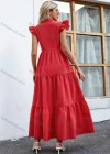 Wholesale Women's Casual Plain Notched Neck Ruched Ruffle Sleeve Maxi Dress - Liuhuamall