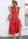Wholesale Women's Casual Plain Notched Neck Ruched Ruffle Sleeve Maxi Dress - Liuhuamall