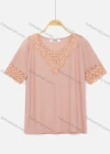 Wholesale Women's Notched Neck Short Sleeve Pearl Lace Applique Knit Tops - Liuhuamall