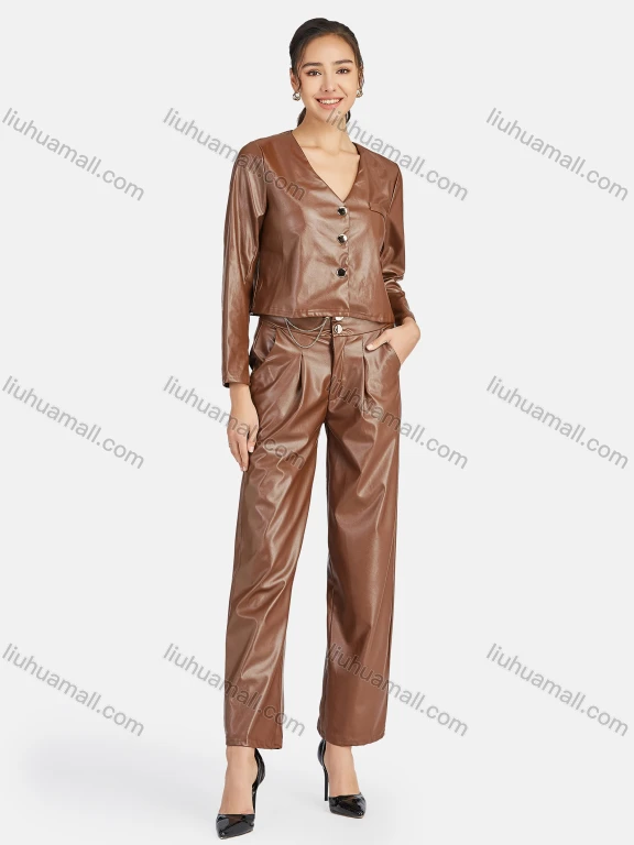 Wholesale Women's Casual Plain V Neck Leather Jacket & Pants 2-Piece Set 9165-1#