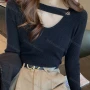 Wholesale Women's Casual V Neck Long Sleeve Plain Ribbed Blouse 8122# preview