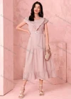 Wholesale Women's Casual Plain Ruffle Trim Short Sleeve Ruffle Hem Midi Dress With Belt - Liuhuamall