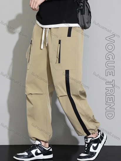 Wholesale Men's Casual Plain Pleated Zipper Pockets Drawstring Cargo Pant B116#