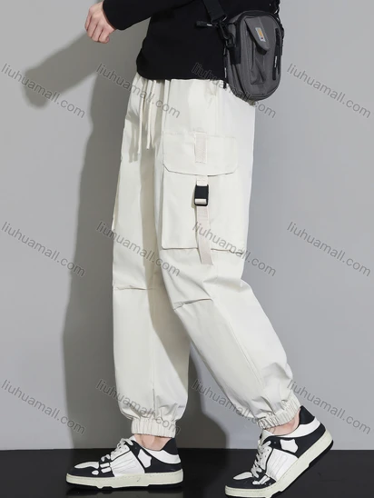Wholesale Men's Casual Plain Pleated Flap Pockets Drawstring Cargo Pant B119#