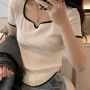 Wholesale Women's Casual Sweetheart Neck Short Sleeve Contrast Blouse L1016# preview