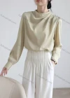 Wholesale Women's Casual Mock Neck Bishop Sleeve Ruched Plain Blouse - Liuhuamall