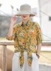 Wholesale Women's Linen Leisure Collared Knot Botton Down Blouse Plant & Floral Print Half Sleeve Shirt - Liuhuamall