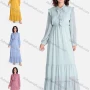 Wholesale Women's Casual Plain Tie Neck Ruffle Trim Ruched Long Sleeve Ruffle Hem Maxi Dress V2685# preview