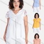Wholesale Women's Casual Plain V Neck Pearl Decor Lace Applique Short Sleeve Blouse V2755# preview