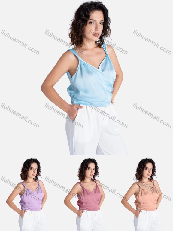 Wholesale Women's Casual Plain Wrap V Neck Tie Side Knot Tank Top V1911#