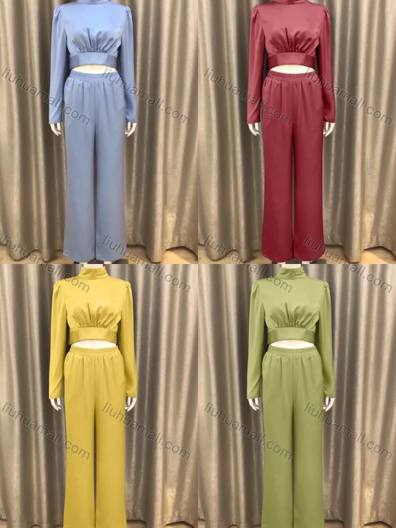 Wholesale Women's Casual Plain Mock Neck Long Sleeve Crop Tops & Wide Leg Pants 2 Piece Set