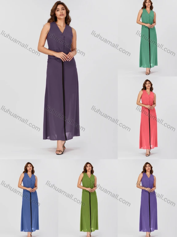 Wholesale Women's Casual Plain V Neck Button Down Sleeveless Top & Contrast Maxi Skirt 2 Piece Set V3765#