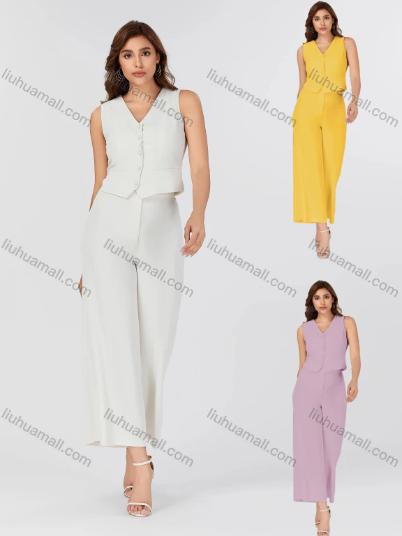 Wholesale Women's Casual Plain Button Down V Neck Sleeveless Crop Top & Pants 2 Piece Set V3759#