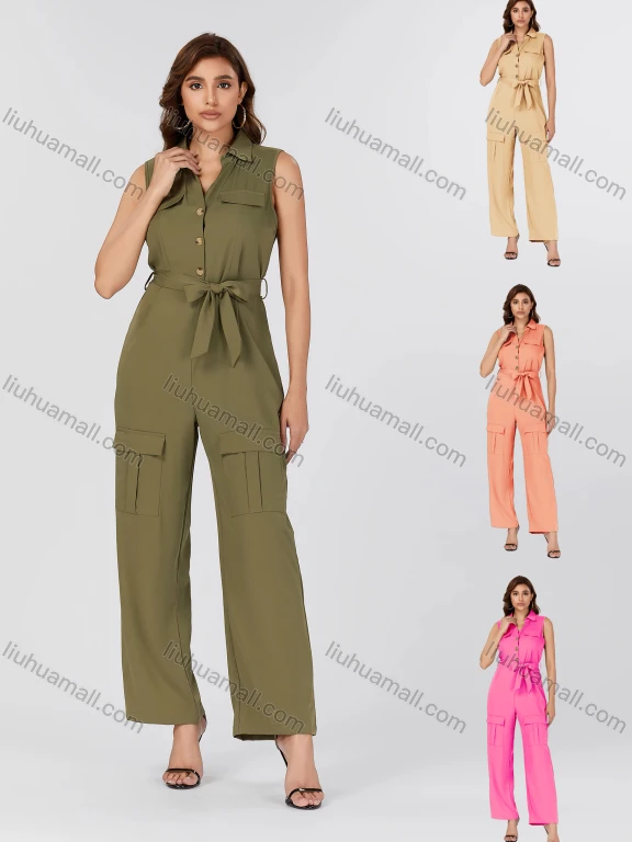 Wholesale Women's Casual Plain Turn-down Collar Flap Pockets Sleeveless Jumpsuit With Belt K1469#