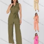 Wholesale Women's Casual Plain Turn-down Collar Flap Pockets Sleeveless Jumpsuit With Belt K1469# preview