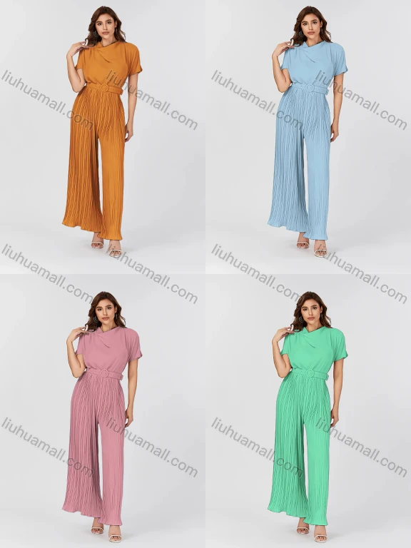 Wholesale Women's Casual Plain Pleated Cowl Neck Lettuce Trim Short Sleeve Jumpsuit With Belt K1466#