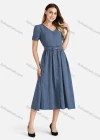 Wholesale Women's V Neck Button Front Belted Plain Midi Dress - Liuhuamall
