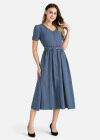 Wholesale Women's V Neck Button Front Belted Plain Midi Dress - Liuhuamall