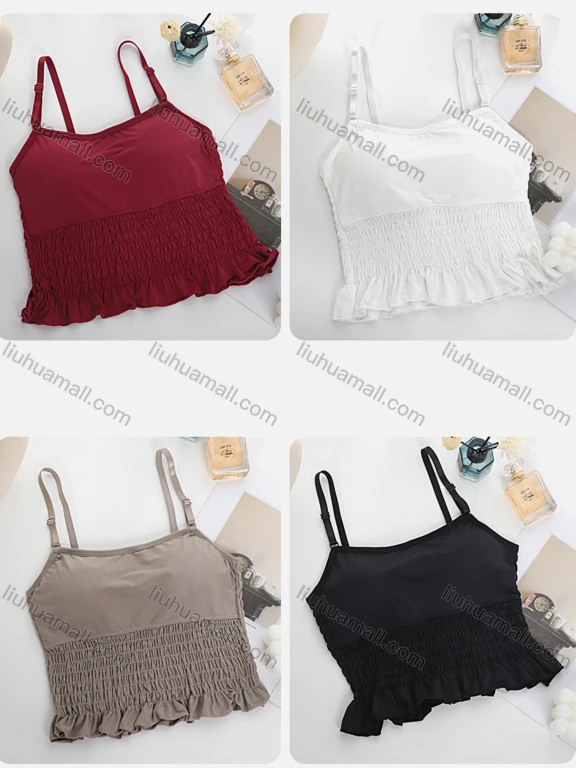 Wholesale Women's Casual Plain Spaghetti Strap Shirred Lettuce Trim Built-in Bra Lingerie F85#