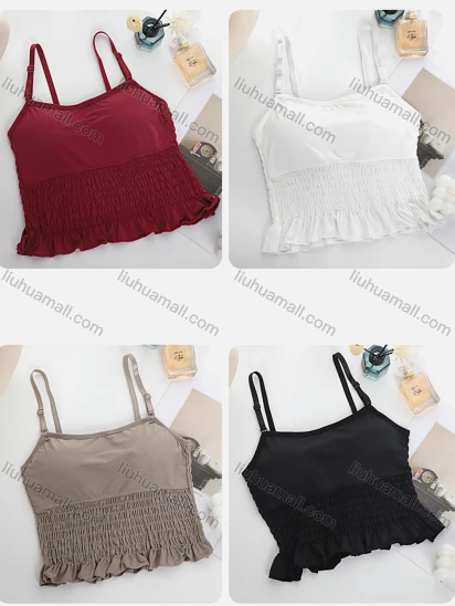 Wholesale Women's Casual Plain Spaghetti Strap Shirred Lettuce Trim Built-in Bra Lingerie F85#