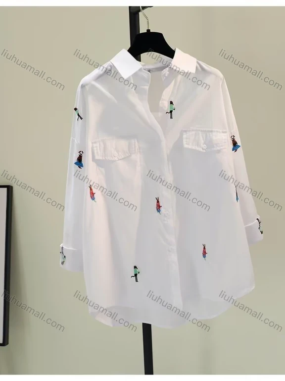 Wholesale Women's Minimalist Pure Cotton Long Sleeve Polo Shirt, Heavy Embroidery Loose Blouse, New Spring & Autumn Casual Top