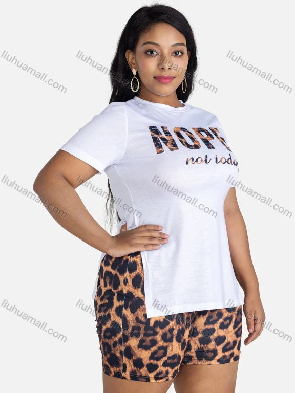 Wholesale Women's Casual Letter Split Side Short Sleeve Tee & Leopard Skinny Fit Shorts Set