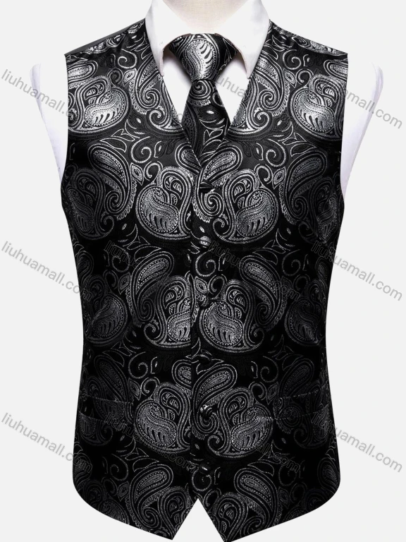 Wholesale Men's Formal Paisley Print Single Breasted Silky Waistcoat With Necktie 2-piece Set