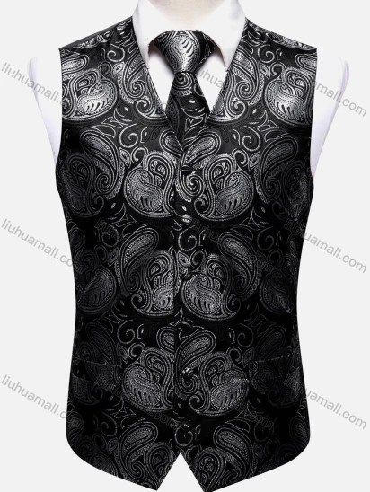 Wholesale Men's Formal Paisley Print Single Breasted Silky Waistcoat With Necktie 2-piece Set