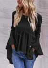 Wholesale Women's Casual Plain Round Neck Ruched Long Sleeve Ruffle Hem Blouse - Liuhuamall