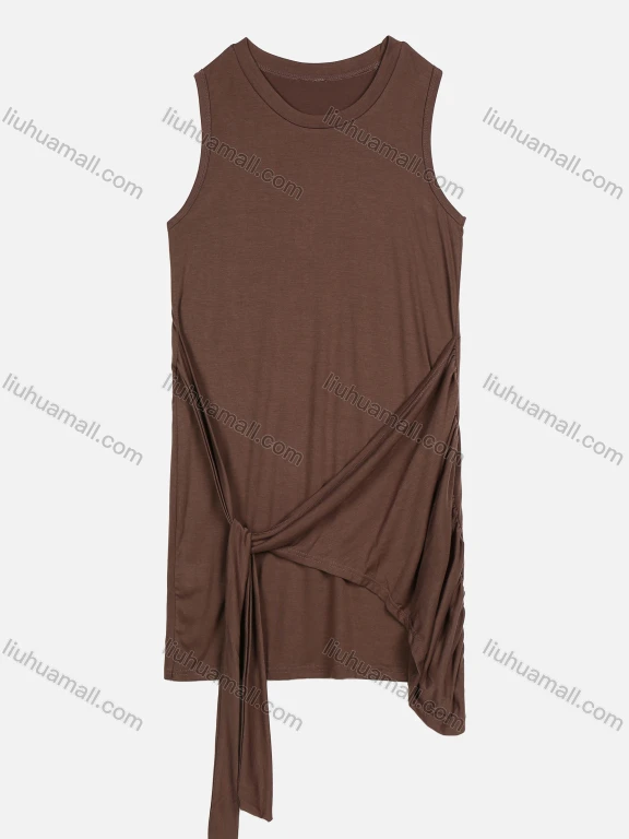 Wholesale Women's Lace Up Sleeveless Plain Ruched Casual Short Tank Dress