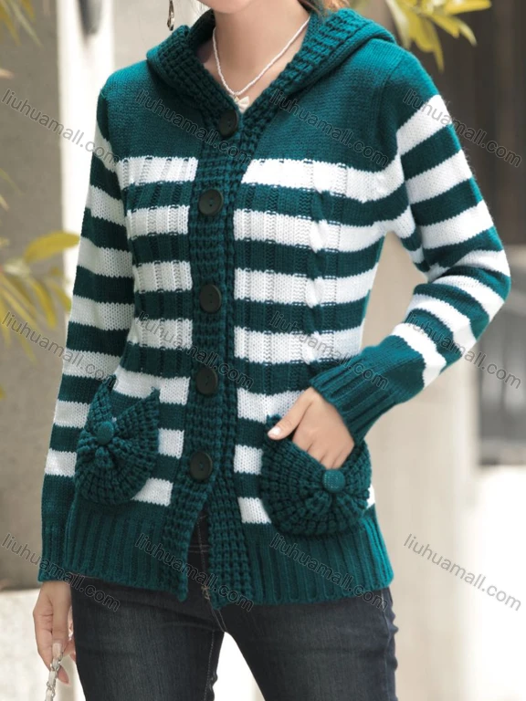 Wholesale Women's Striped Button Front Dual Pocket Cardigan
