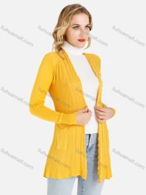 Wholesale Women's Casual Plain Dual Pocket Ruffle Hem Rib-Knit Long Sleeve Cardigan, LIUHUA CLOTHING WHOLESALE