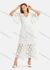 Wholesale Woman's Fashion Plain V Neck Butterfly Sleeve Guipure Lace Open Back Plain Maxi Dress - Liuhuamall
