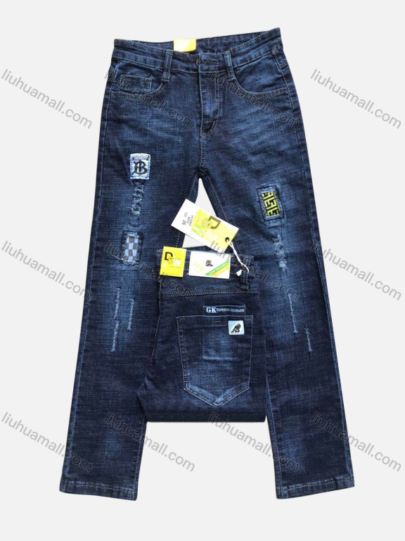 Wholesale Boys Casual Button Pockets Frayed Patched Labelled Embroidered Letter Plain Jean 02#