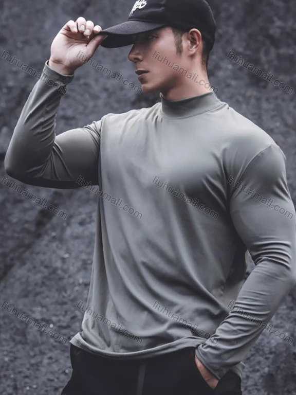 Wholesale Men's Casual Plain Mock Neck Thermal Lined Long Sleeve T-shirts