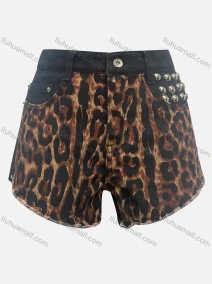 Wholesale Women's Fashion Leopard Print Splicing Beading Frayed Raw Hem Pockets Denim Shorts 3296#, LIUHUA CLOTHING WHOLESALE