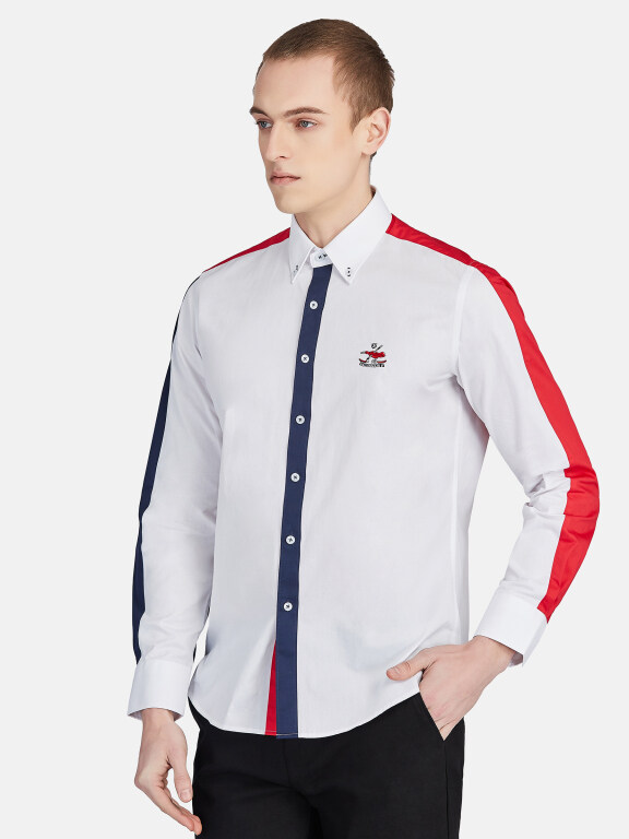 Men's Casual Collared Long Sleeve Button Down Contrast Splicing Shirt P001-1#, Clothing Wholesale Market -LIUHUA, 