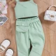 Wholesale Girl's Casual Plain Cami Top & Flap Pockets Straight Leg Pants 2 Piece Set With Belt Light Green Clothing Wholesale Market Liuhua