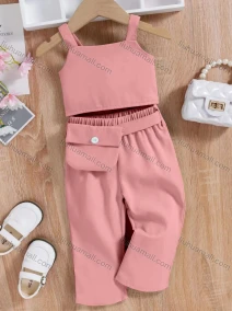 Wholesale Girl's Casual Plain Cami Top & Flap Pockets Straight Leg Pants 2 Piece Set With Belt, LIUHUA CLOTHING WHOLESALE