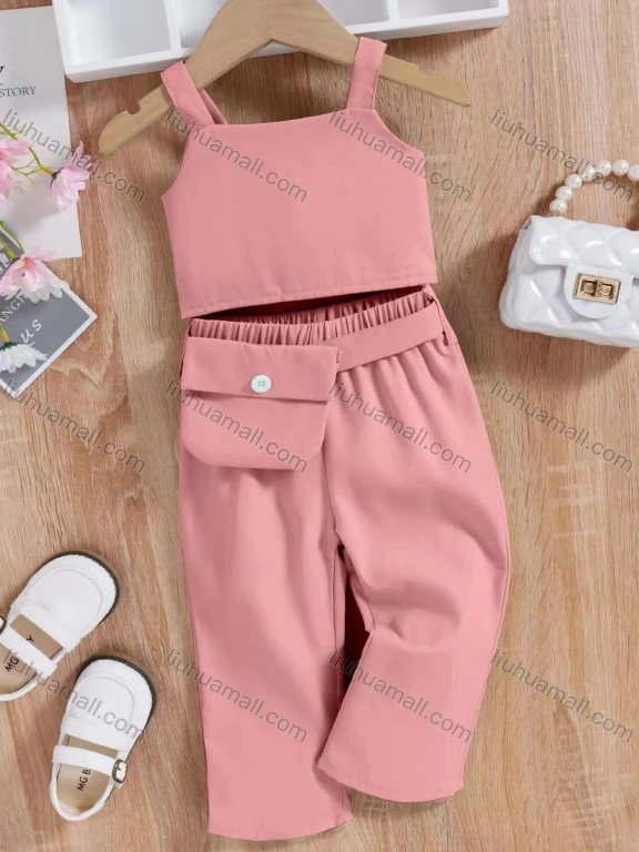 Wholesale Girl's Casual Plain Cami Top & Flap Pockets Straight Leg Pants 2 Piece Set With Belt