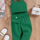 Wholesale Girl's Casual Plain Cami Top & Flap Pockets Straight Leg Pants 2 Piece Set With Belt Forest Green Clothing Wholesale Market Liuhua