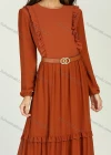 Wholesale Women's Chiffon Crew Neck Plain Ruched Ruffle Trim Layered Hem Maxi Dress With Belt - Liuhuamall