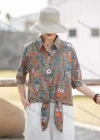 Wholesale Women's Linen Leisure Collared Knot Botton Down Blouse Plant & Floral Print Half Sleeve Shirt - Liuhuamall