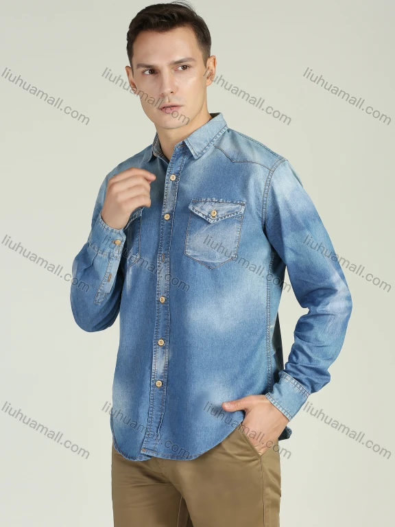 Wholesale Men's Distressed Light Wash Long Sleeve Button Down Casual Denim Shirt