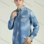 Wholesale Men's Distressed Light Wash Long Sleeve Button Down Casual Denim Shirt preview