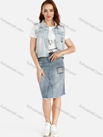 Wholesale Women's Graphic Print Distressed Flap Pockets Ripped Button Front Denim Vest