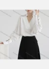 Wholesale Women's Elegant Bishop Sleeve Stand Collar V Neck Button Decor Ruched Plain Blouse 857780# - Liuhuamall