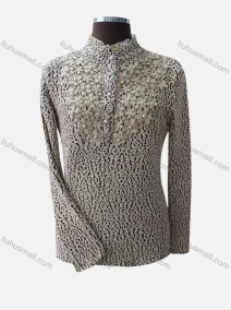 Wholesale Women's Causal Mock Neck Long Sleeve Pearl Decor Allover Print Blouse, LIUHUA CLOTHING WHOLESALE