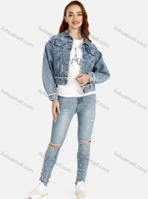 Wholesale Women's Slim Fit Pearl Decor Flap Pockets Button Front Denim Jacket & Ripped Beaded Skinny Jeans Set, LIUHUA CLOTHING WHOLESALE