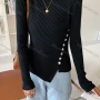Wholesale Women's Casual Crew Neck Button Decor Plain Rib Knit Blouse 8123# preview